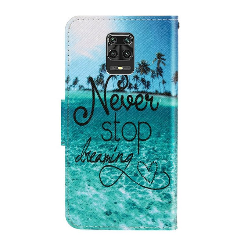 Folio-hoesje voor Xiaomi Redmi Note 9S / 9 Pro Met Ketting Stop Nooit Met Dromen In Marineblauwe Bandjes