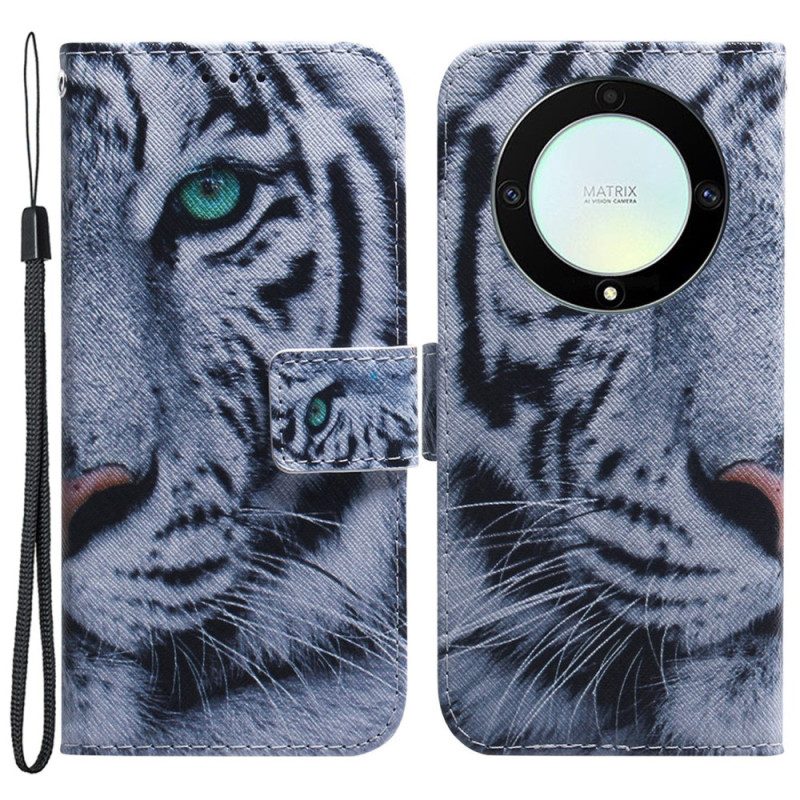 Folio-hoesje voor Honor Magic 5 Lite Met Ketting Strappy Witte Tijger