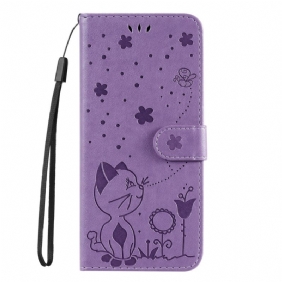 Leren Hoesje voor Honor Magic 5 Lite Met Ketting Kat En Bij Met Lanyard