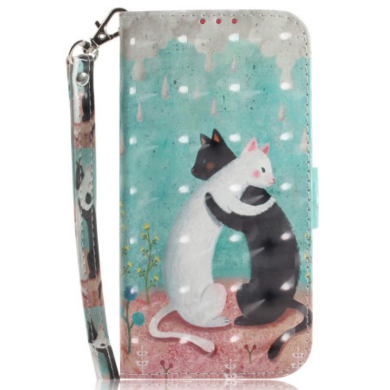 Leren Hoesje voor Honor Magic 5 Lite Met Ketting Witte Kat Zwarte Kat Met Riem