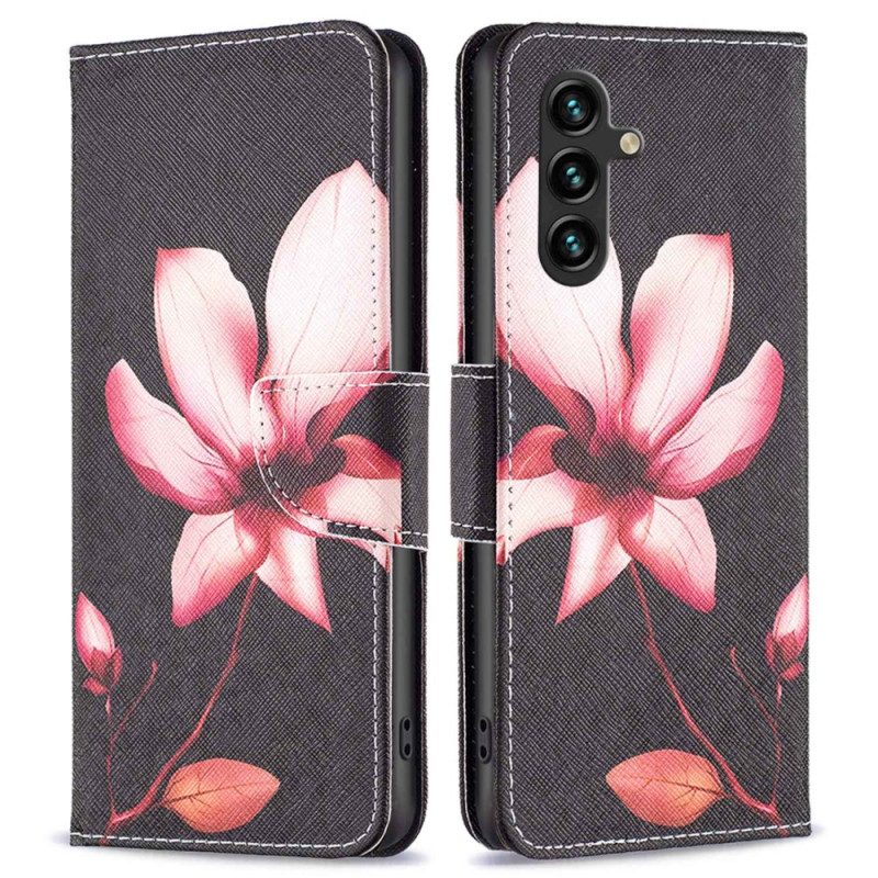 Flip Case voor Samsung Galaxy A14 / A14 5G Bloem Op Zwarte Achtergrond