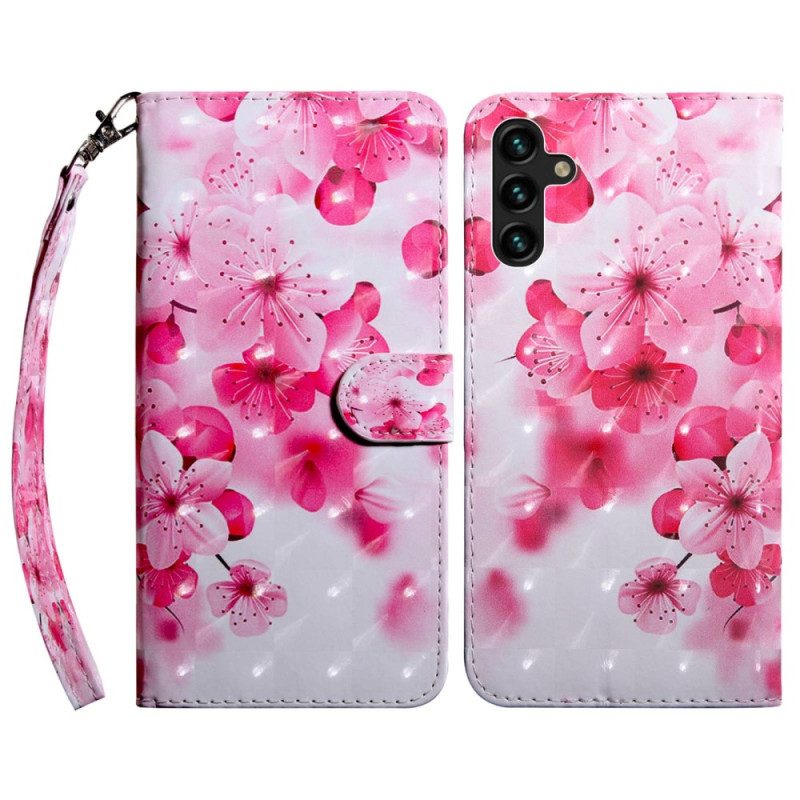 Folio-hoesje voor Samsung Galaxy A14 / A14 5G Met Ketting Strappy Roze Bloemen