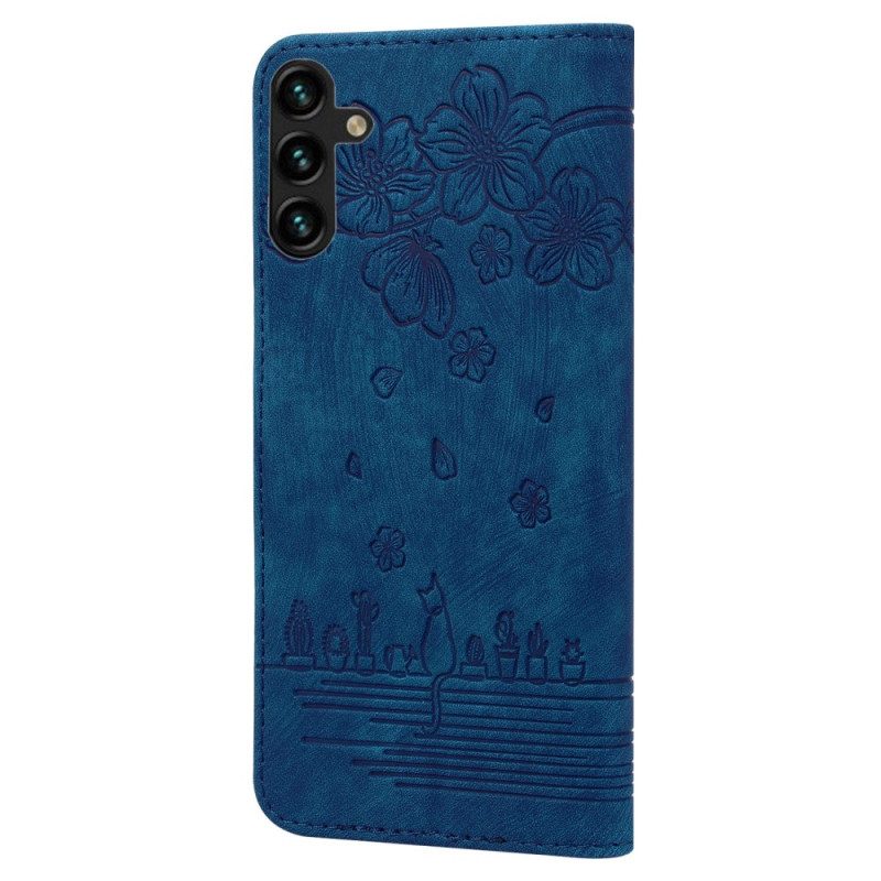 Leren Hoesje voor Samsung Galaxy A14 / A14 5G Met Ketting Bloemen String Kat