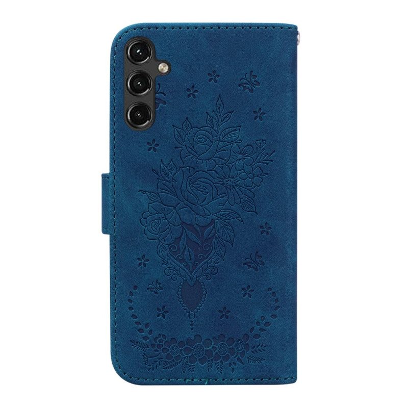 Leren Hoesje voor Samsung Galaxy A14 / A14 5G Met Ketting Strappy Rozen En Vlinders