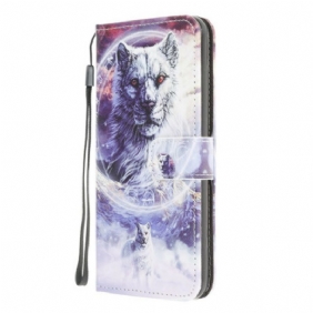 Flip Case voor Xiaomi Redmi 9 Wolf In De Winter Met Sleutelkoord