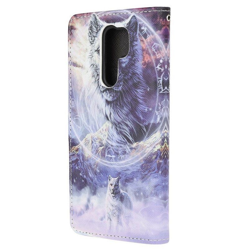 Flip Case voor Xiaomi Redmi 9 Wolf In De Winter Met Sleutelkoord