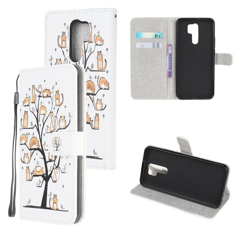 Folio-hoesje voor Xiaomi Redmi 9 Met Ketting Funky Cats Met Riem