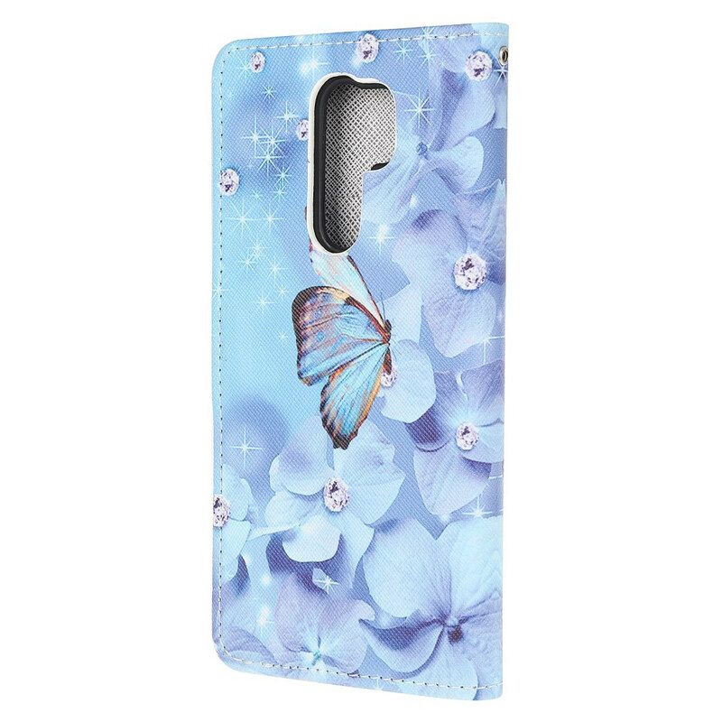 Leren Hoesje voor Xiaomi Redmi 9 Met Ketting Strappy Diamanten Vlinders