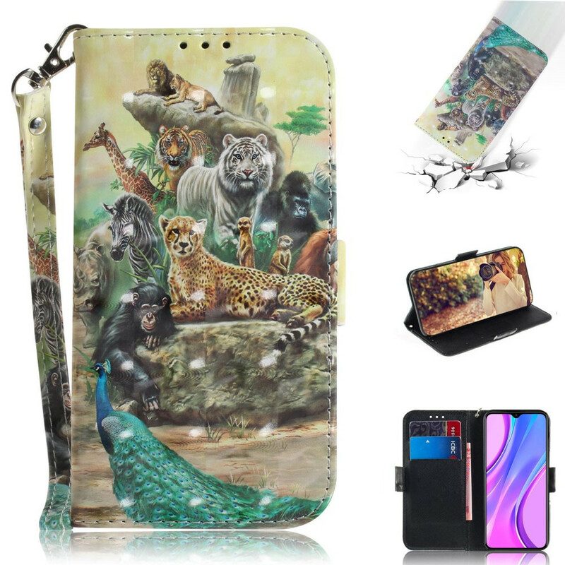 Leren Hoesje voor Xiaomi Redmi 9 Met Ketting String Safari Dieren