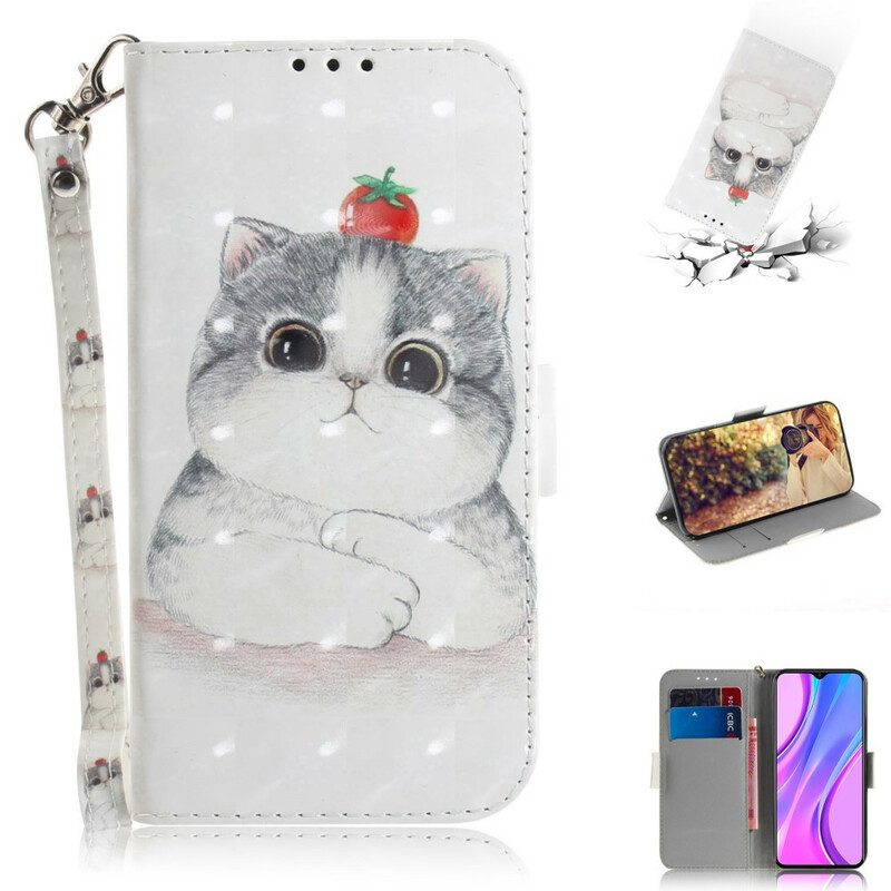 Leren Hoesje voor Xiaomi Redmi 9 Met Ketting Tomaat Op De Kat Met Een Riempje