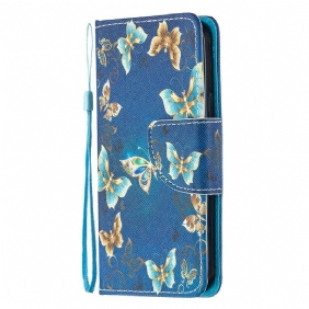 Folio-hoesje voor iPhone 12 Mini Met Ketting Blauwe Vlinders En Bloemen Met Riem