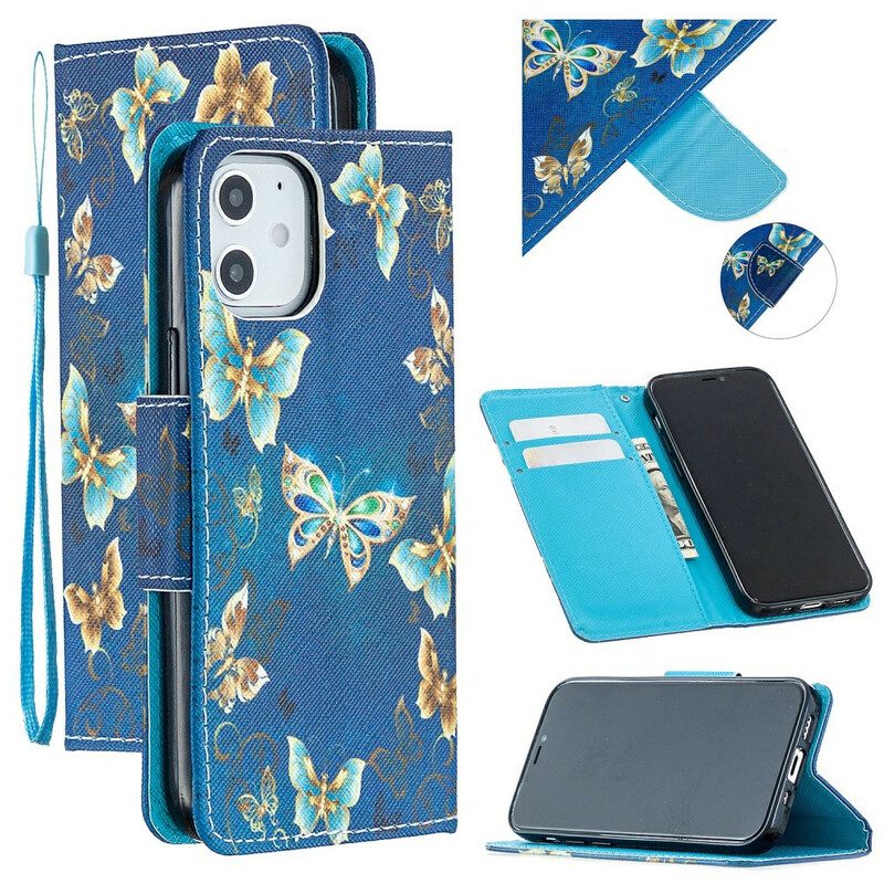 Folio-hoesje voor iPhone 12 Mini Met Ketting Blauwe Vlinders En Bloemen Met Riem