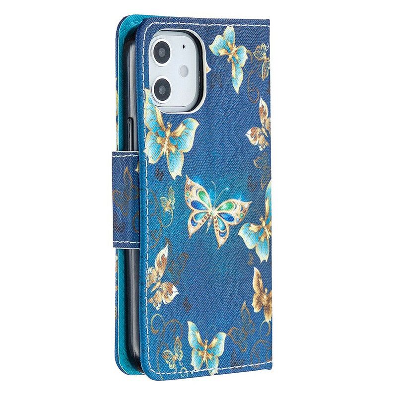 Folio-hoesje voor iPhone 12 Mini Met Ketting Blauwe Vlinders En Bloemen Met Riem