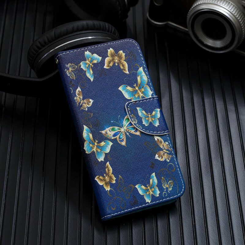 Folio-hoesje voor iPhone 12 Mini Met Ketting Blauwe Vlinders En Bloemen Met Riem