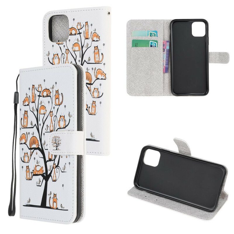 Folio-hoesje voor iPhone 12 Mini Met Ketting Funky Cats Met Riem