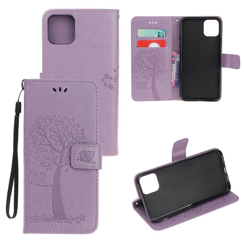 Folio-hoesje voor iPhone 12 Mini Met Ketting String Boom En Uilen