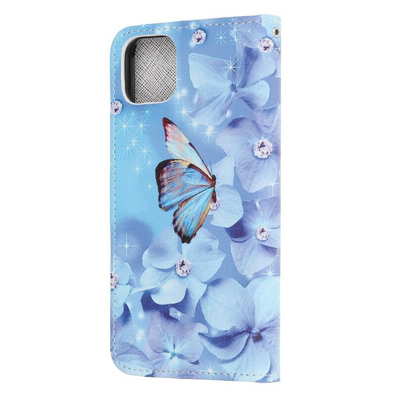 Leren Hoesje voor iPhone 12 Mini Met Ketting Strappy Diamanten Vlinders