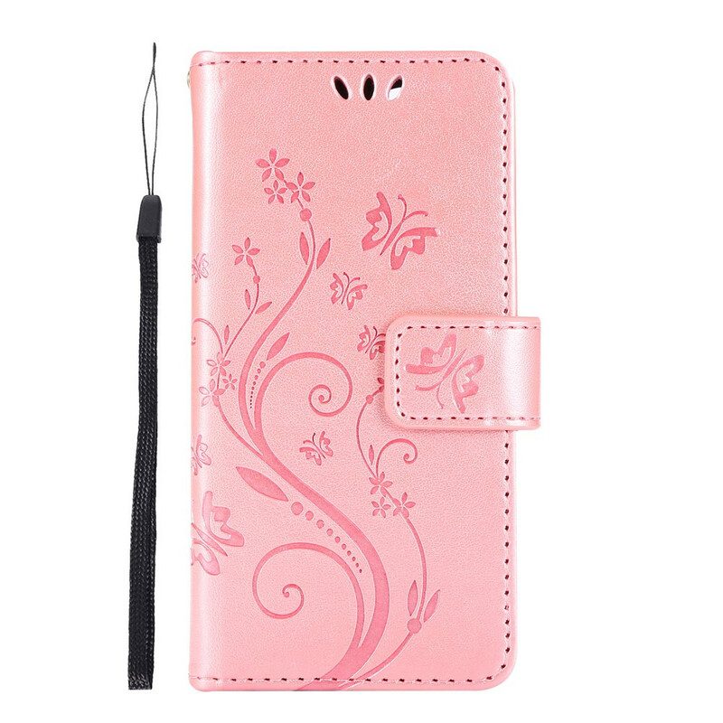 Leren Hoesje voor iPhone 12 Mini Vlinders & Bloemen Lanyard