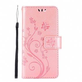 Leren Hoesje voor iPhone 12 Mini Vlinders & Bloemen Lanyard