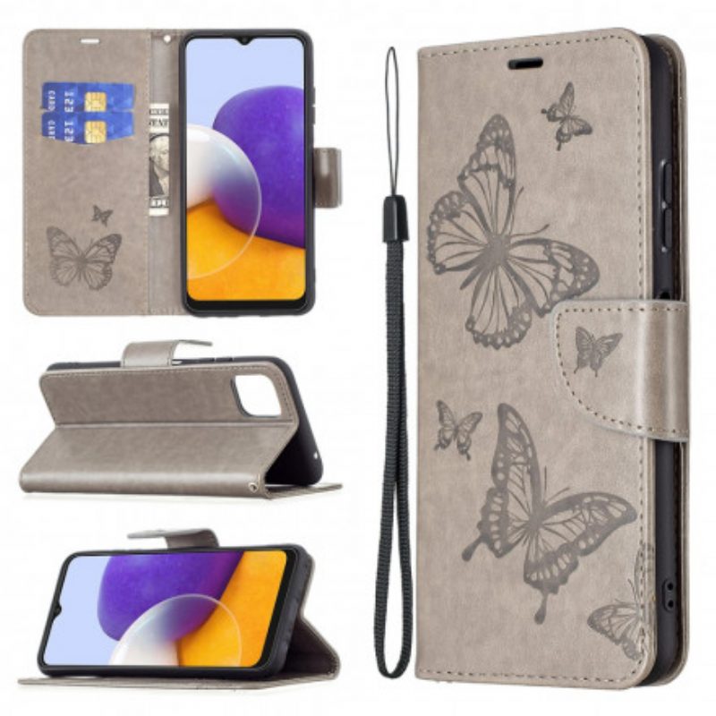 Flip Case voor Samsung Galaxy A22 5G Vlinders Tijdens De Vlucht Met Lanyard