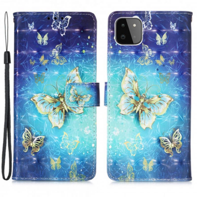 Folio-hoesje voor Samsung Galaxy A22 5G Met Ketting Gouden Vlinders Met Riem