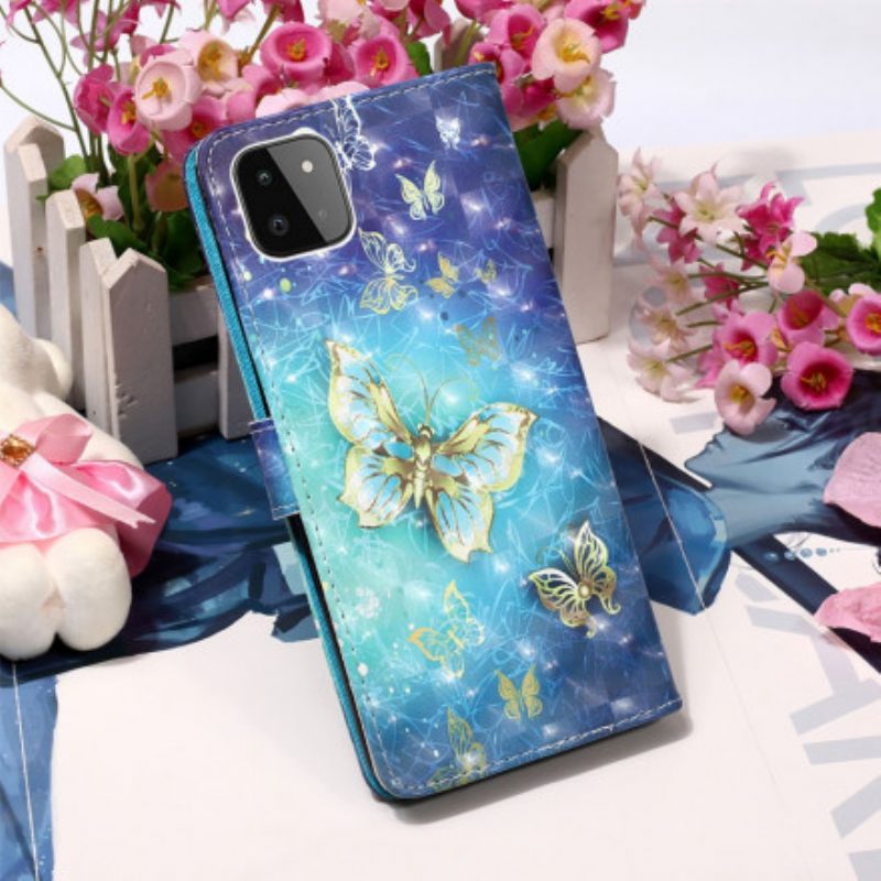 Folio-hoesje voor Samsung Galaxy A22 5G Met Ketting Gouden Vlinders Met Riem