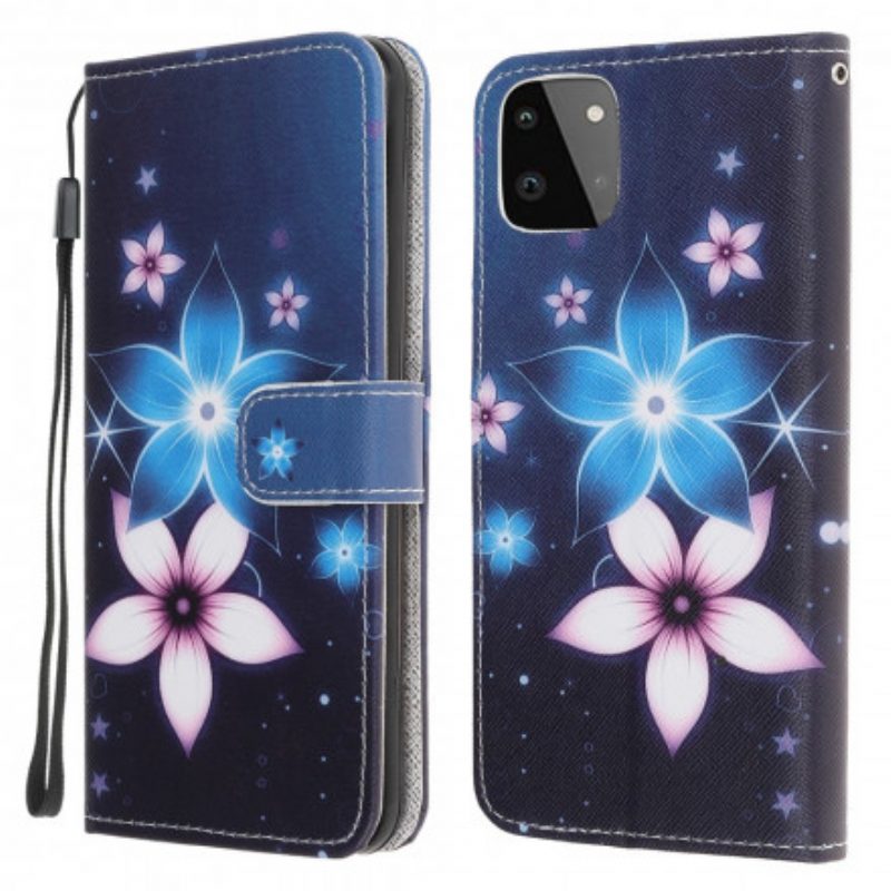 Folio-hoesje voor Samsung Galaxy A22 5G Met Ketting Maanband Bloemen