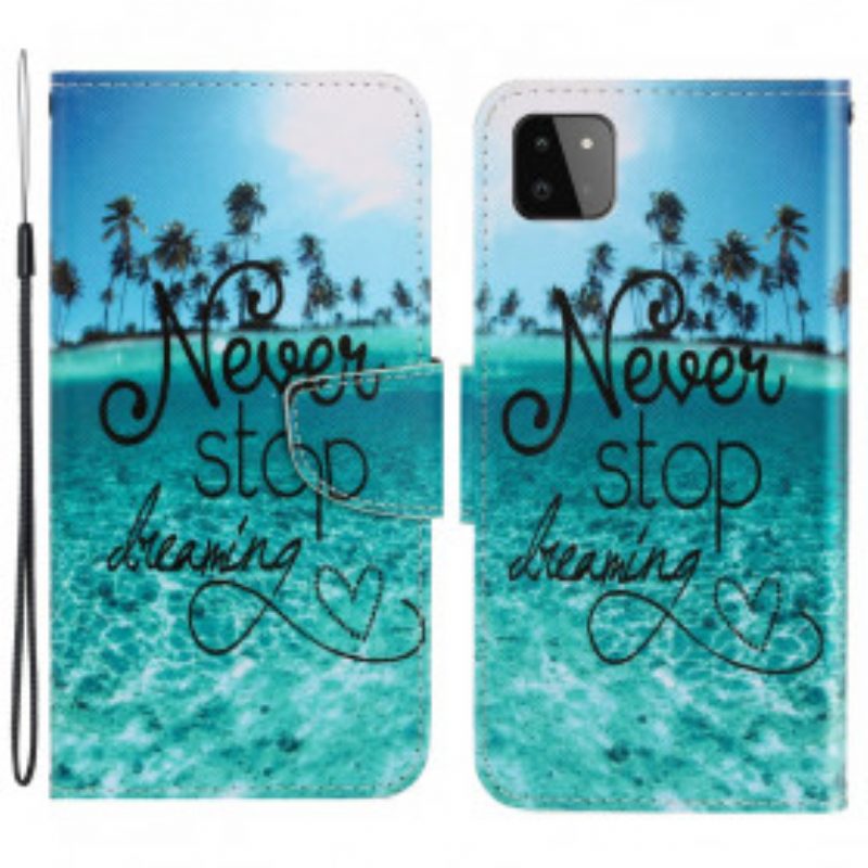 Folio-hoesje voor Samsung Galaxy A22 5G Met Ketting Stop Nooit Met Dromen In Marineblauwe Bandjes