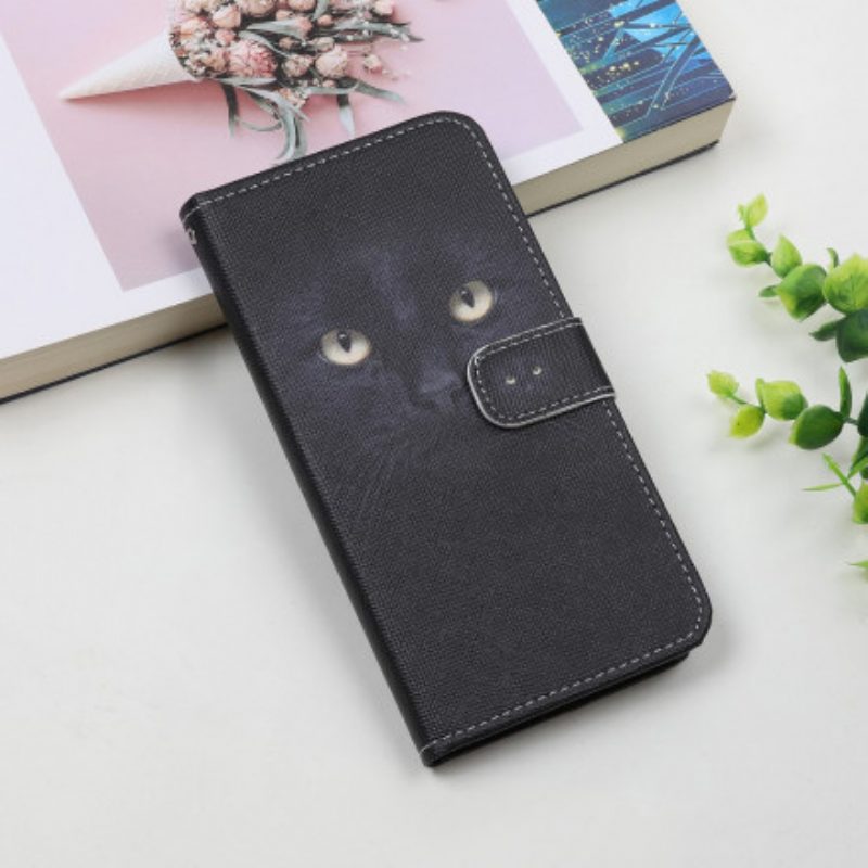 Folio-hoesje voor Samsung Galaxy A22 5G Met Ketting Strappy Zwarte Kattenogen