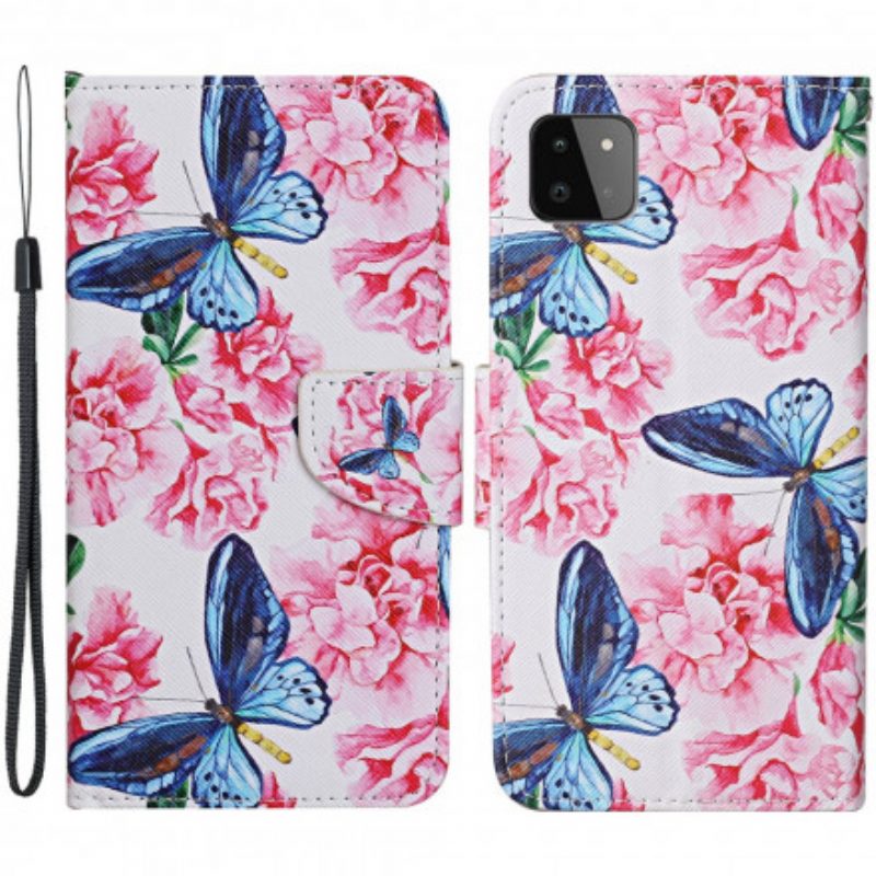 Folio-hoesje voor Samsung Galaxy A22 5G Vlinders Floral Lanyard