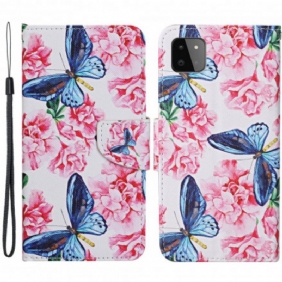 Folio-hoesje voor Samsung Galaxy A22 5G Vlinders Floral Lanyard