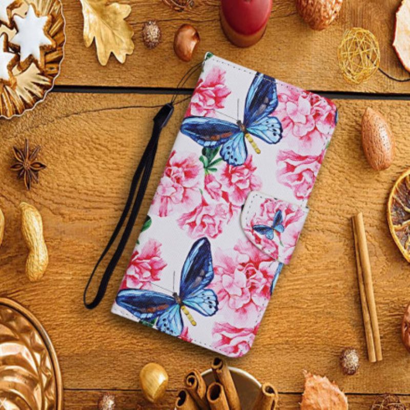 Folio-hoesje voor Samsung Galaxy A22 5G Vlinders Floral Lanyard