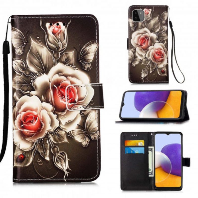 Leren Hoesje voor Samsung Galaxy A22 5G Gouden Rozen