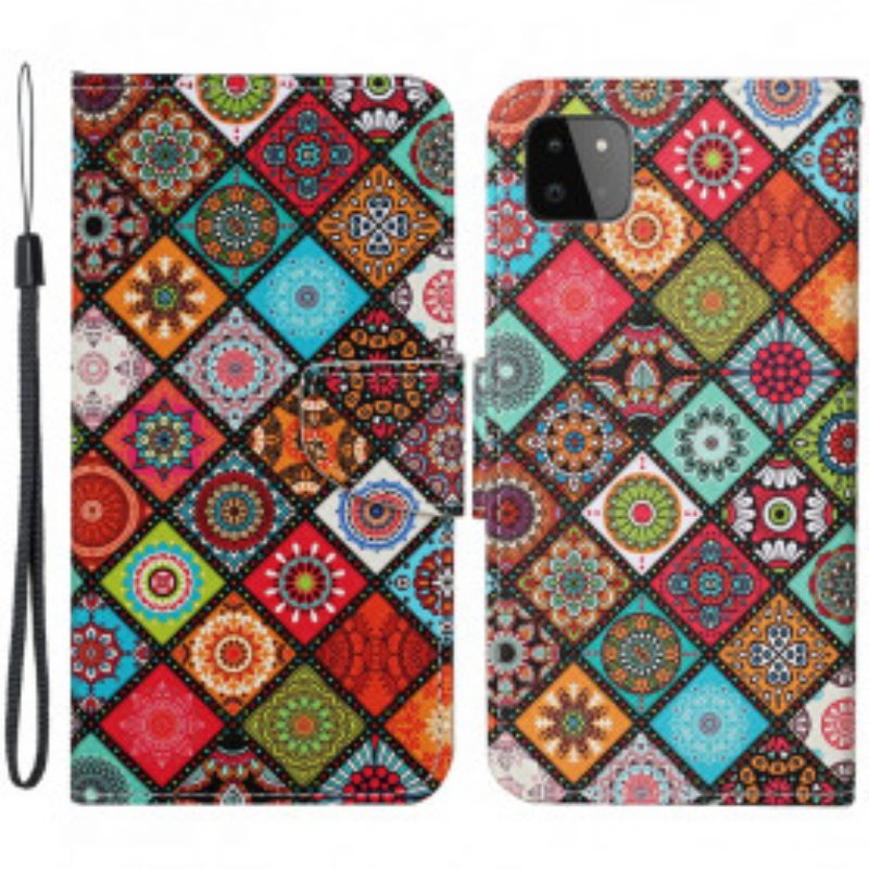 Leren Hoesje voor Samsung Galaxy A22 5G Lappendeken Mandala's Met Lanyard