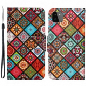 Leren Hoesje voor Samsung Galaxy A22 5G Lappendeken Mandala's Met Lanyard