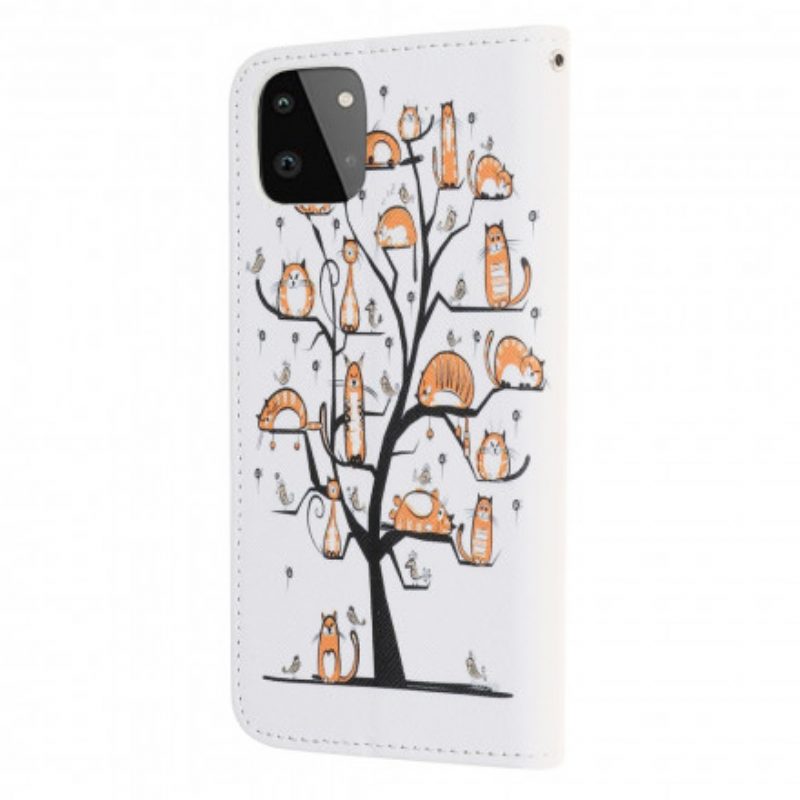 Leren Hoesje voor Samsung Galaxy A22 5G Met Ketting Funky Cats Met Riem