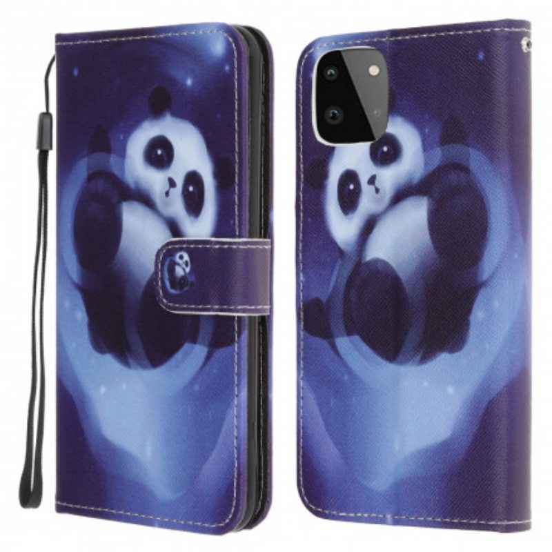 Leren Hoesje voor Samsung Galaxy A22 5G Met Ketting Panda Space Met Sleutelkoord