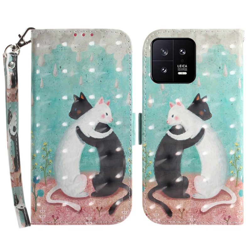 Folio-hoesje voor Xiaomi 13 Met Ketting Witte Kat Zwarte Kat Met Riem