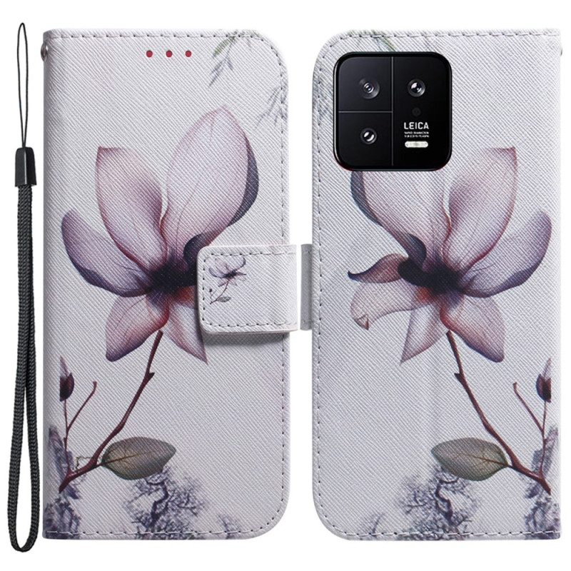 Leren Hoesje voor Xiaomi 13 Met Ketting Strappy Roze Bloem