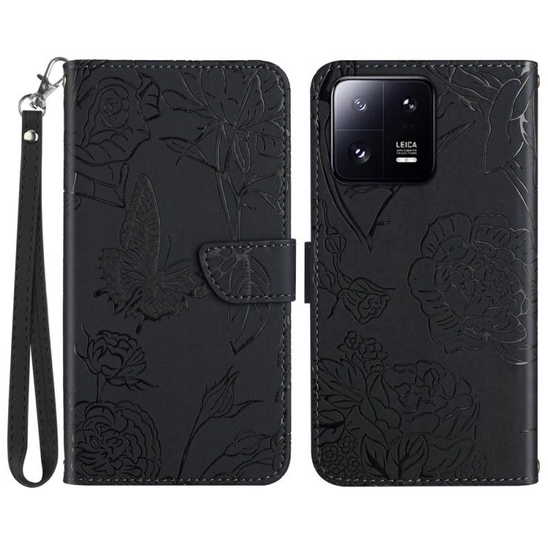 Leren Hoesje voor Xiaomi 13 Vlinders En Lanyard