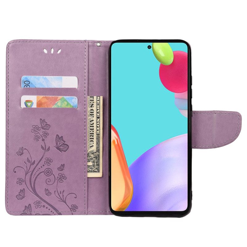 Folio-hoesje voor Samsung Galaxy A23 5G Met Ketting Bloemen En Vlinders Met Riem