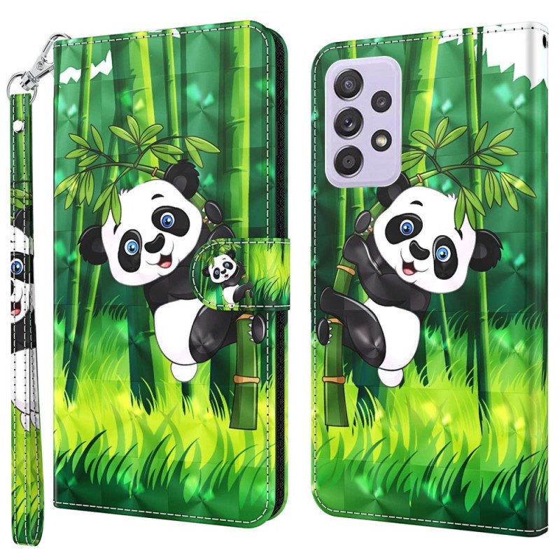 Leren Hoesje voor Samsung Galaxy A23 5G Met Ketting Bamboe Panda Met Lanyard