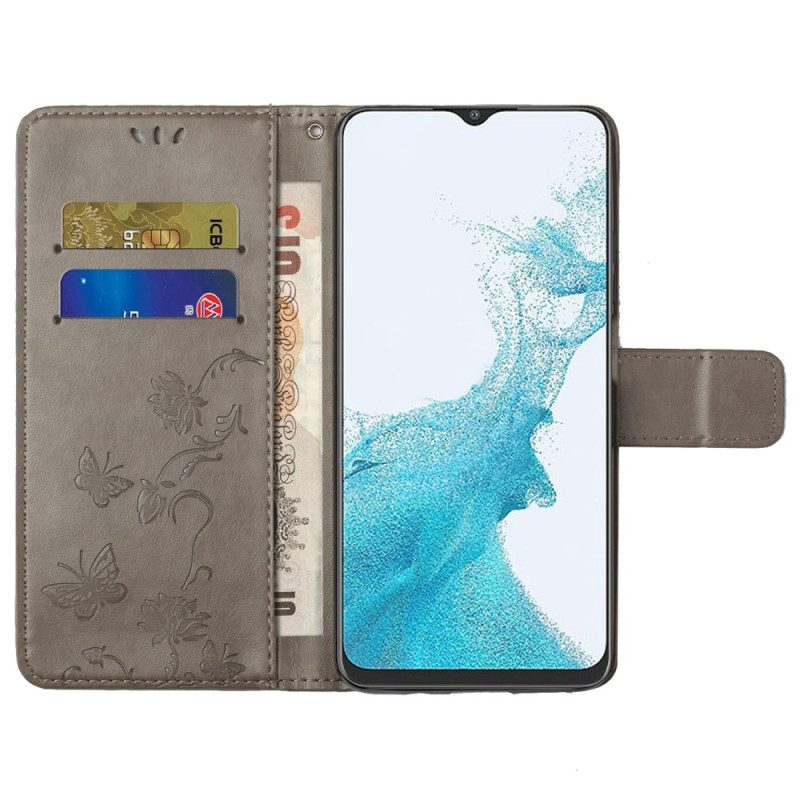 Leren Hoesje voor Samsung Galaxy A23 5G Met Ketting Mooie Strappy Bloemen