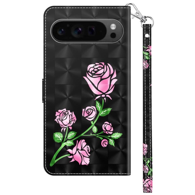 Bescherming Hoesje Google Pixel 9 Pro Xl Roze Bloemen Met Riem