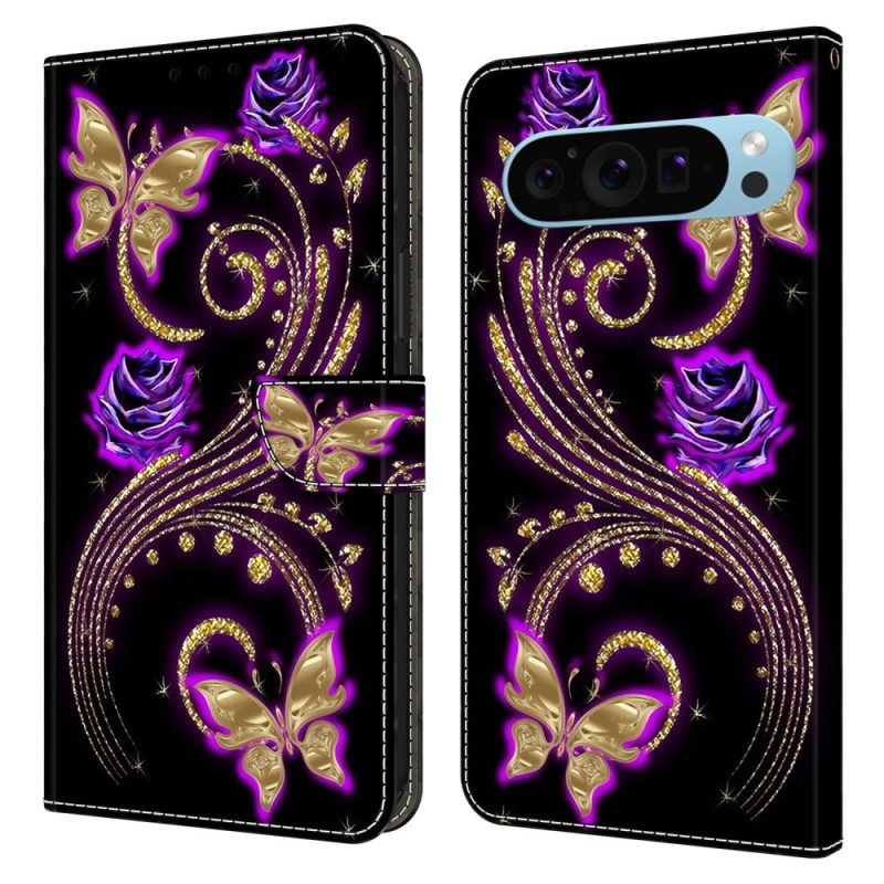 Bescherming Hoesje Google Pixel 9 Pro Xl Violette Bloemen En Vlinders