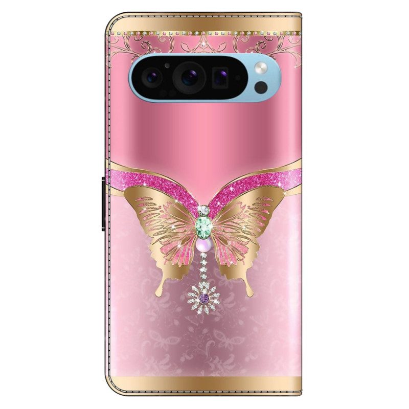 Flip Case Leren Google Pixel 9 Pro Xl Roze En Gouden Vlinder