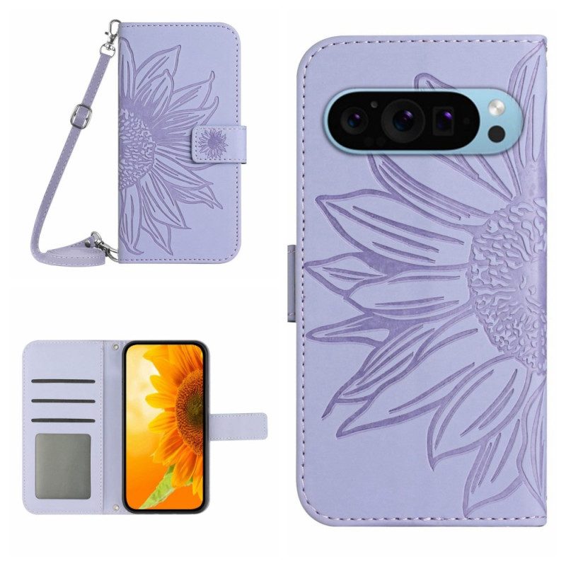 Folio-hoesje Google Pixel 9 Pro Xl Zonnebloemprint Met Schouderband