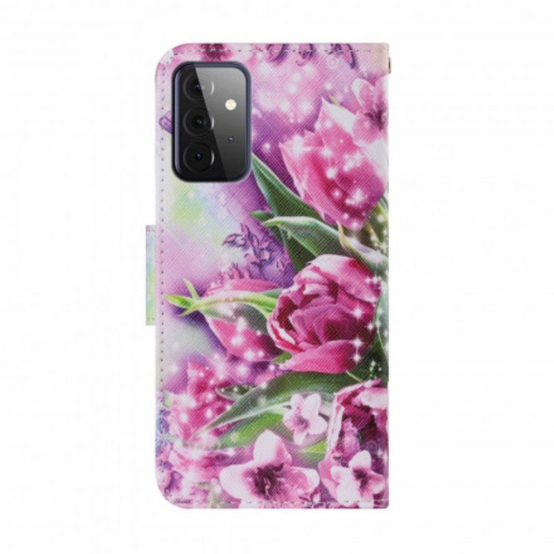 Flip Case voor Samsung Galaxy A72 4G / A72 5G Vlinders En Tulpen