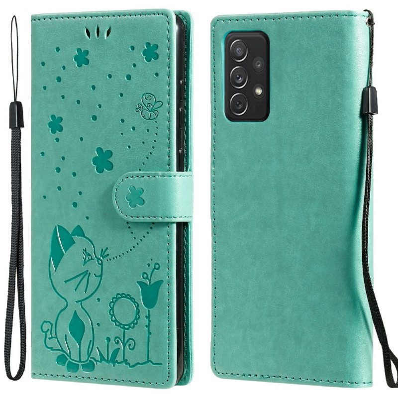 Folio-hoesje voor Samsung Galaxy A72 4G / A72 5G Met Ketting Kat En Bij Met Lanyard