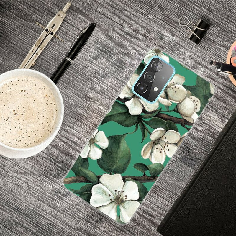 Hoesje voor Samsung Galaxy A72 4G / A72 5G Geschilderde Witte Bloemen